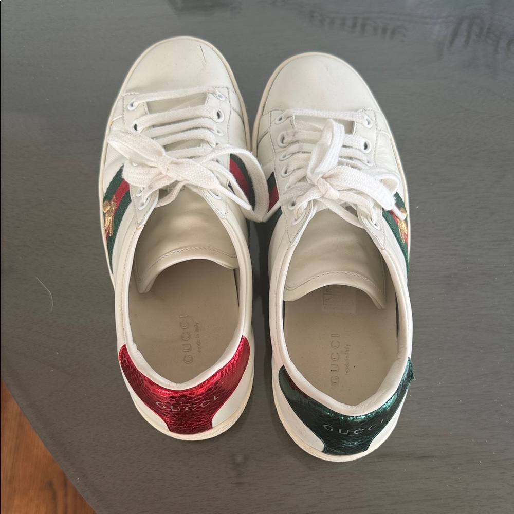 Gucci White Leather Sneakers with Red & Green Accents